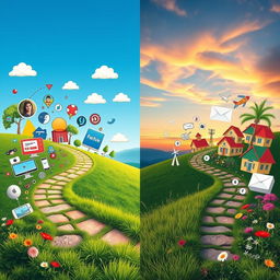 A scenic landscape split into two distinct paths illustrating the contrasting desires of Generation Z and Millennials