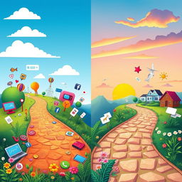 A scenic landscape split into two distinct paths illustrating the contrasting desires of Generation Z and Millennials
