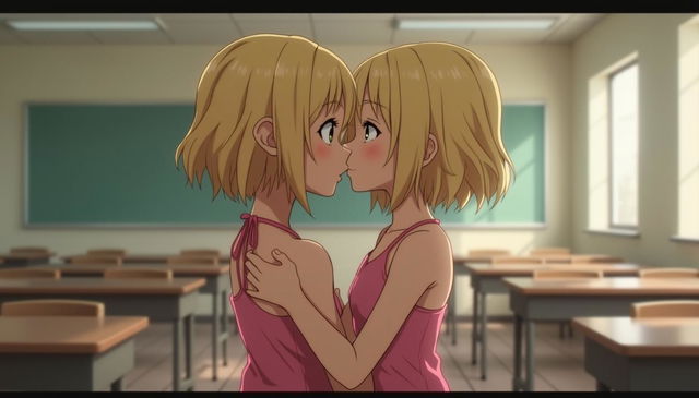 A realistic image of two tween girls with thin builds and short blonde hair, facing each other in an empty classroom