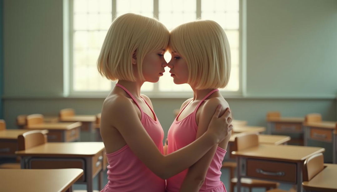 A realistic image of two tween girls standing in an empty classroom, facing each other closely