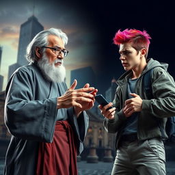 A dynamic and expressive scene depicting the conflict between two generations