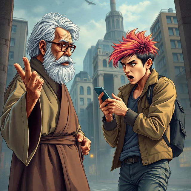 A dynamic and expressive scene depicting the conflict between two generations