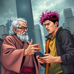 A dynamic and expressive scene depicting the conflict between two generations