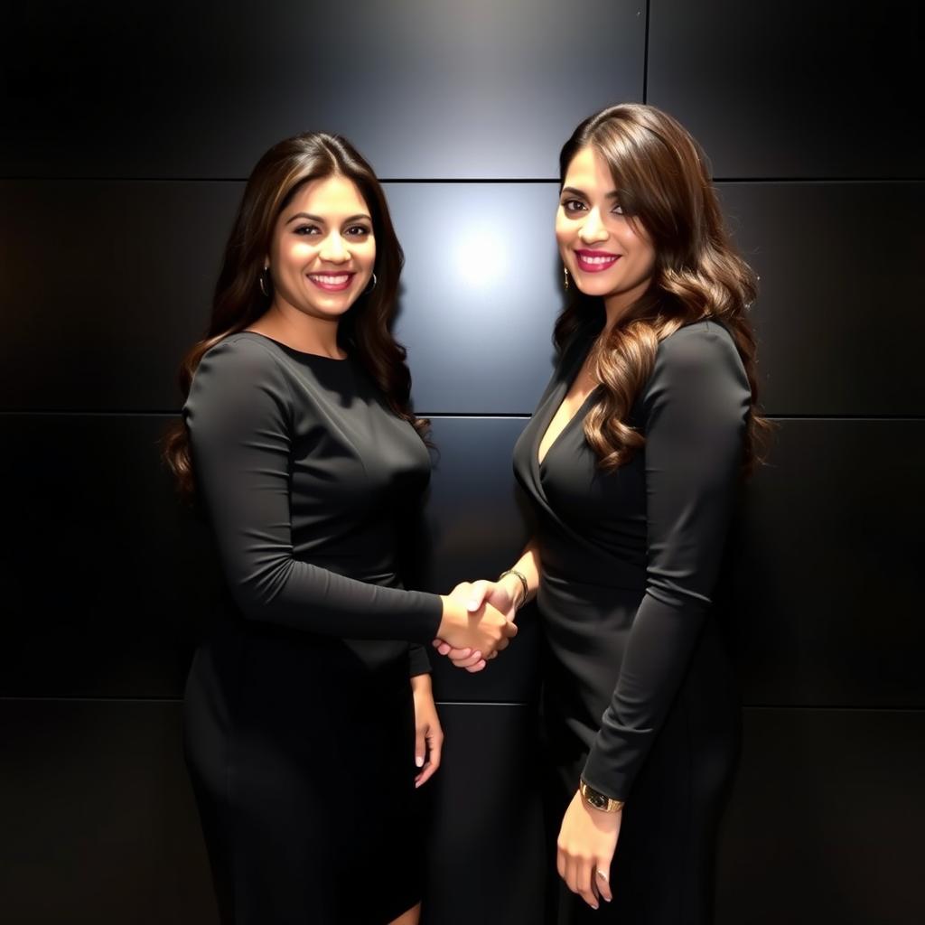 Vivian Dsena and Jennifer Winget shaking hands, both elegantly dressed in stylish black dresses