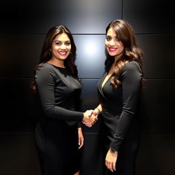 Vivian Dsena and Jennifer Winget shaking hands, both elegantly dressed in stylish black dresses