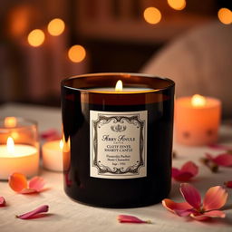 A beautifully designed candle with a glossy black container, surrounded by soft flickering candlelight