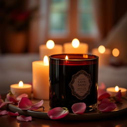 A beautifully designed candle with a glossy black container, surrounded by soft flickering candlelight