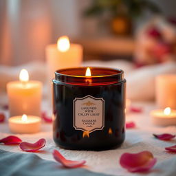 A beautifully designed candle with a glossy black container, surrounded by soft flickering candlelight