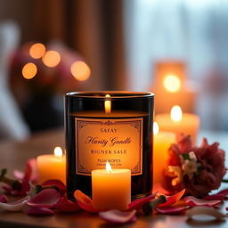 A beautifully designed candle with a glossy black container, surrounded by soft flickering candlelight
