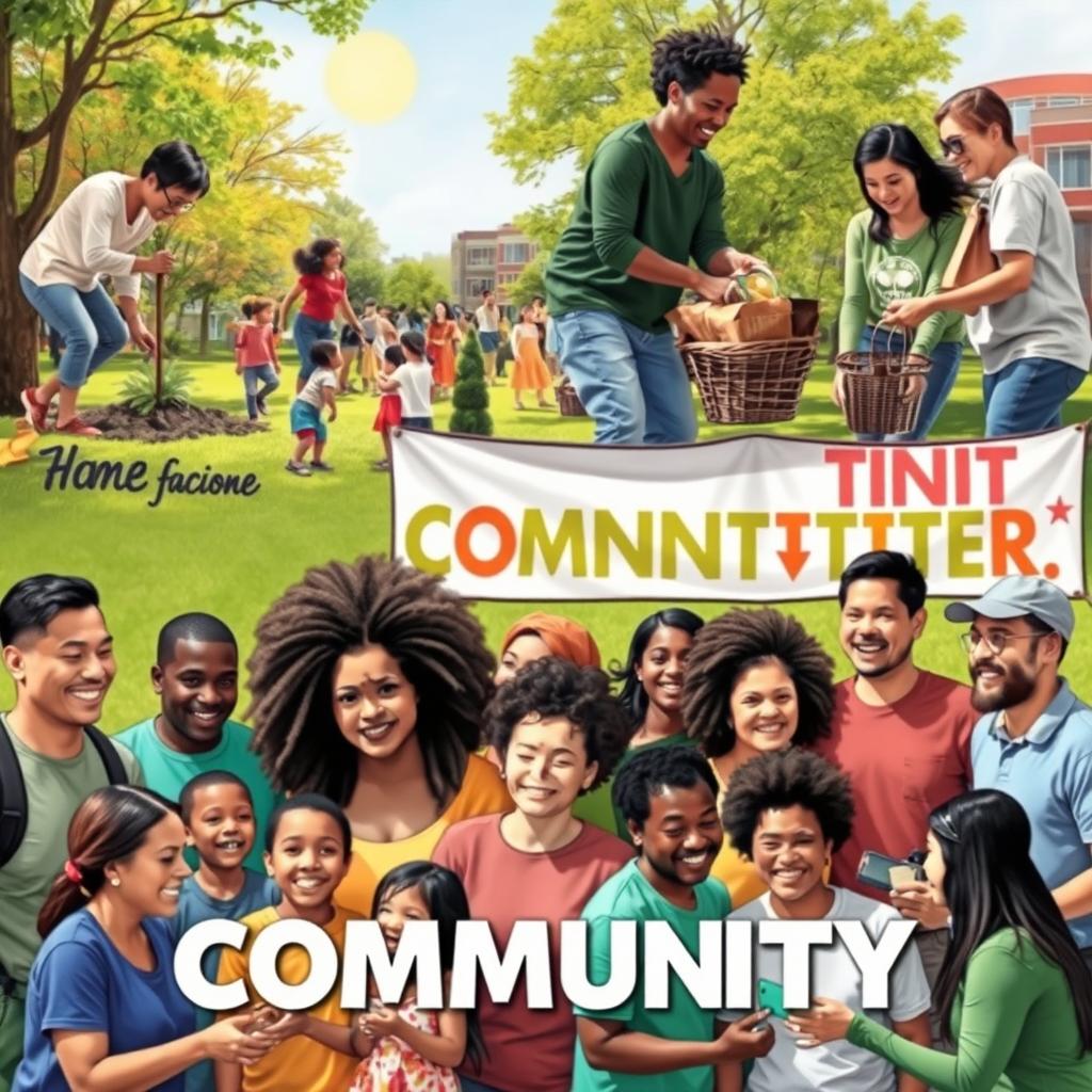 A vibrant community scene showcasing diverse individuals engaging in various community actions like planting trees, organizing a food drive, participating in a neighborhood clean-up, teaching children in a park, and holding a community meeting