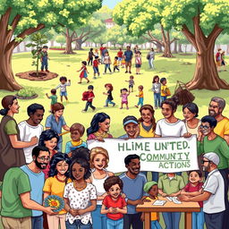 A vibrant community scene showcasing diverse individuals engaging in various community actions like planting trees, organizing a food drive, participating in a neighborhood clean-up, teaching children in a park, and holding a community meeting