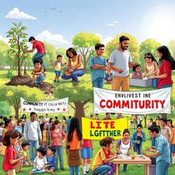A vibrant community scene showcasing diverse individuals engaging in various community actions like planting trees, organizing a food drive, participating in a neighborhood clean-up, teaching children in a park, and holding a community meeting