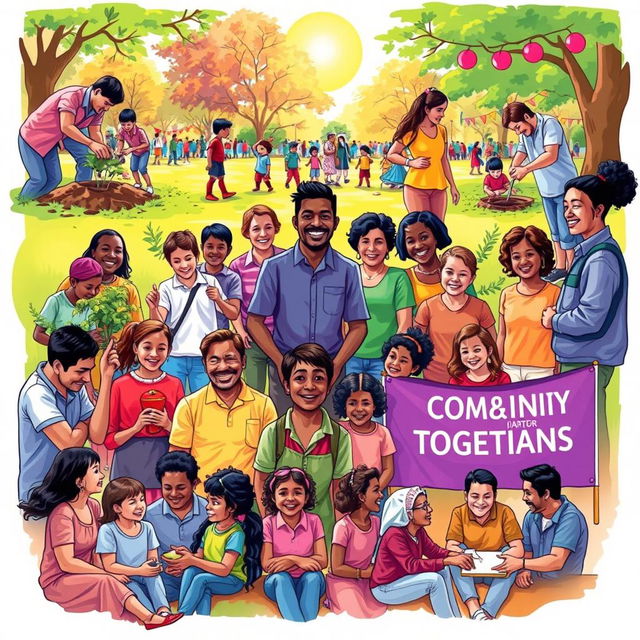 A vibrant community scene showcasing diverse individuals engaging in various community actions like planting trees, organizing a food drive, participating in a neighborhood clean-up, teaching children in a park, and holding a community meeting