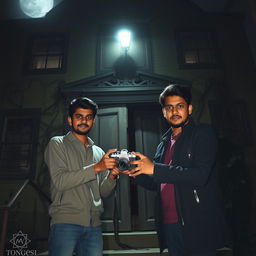 In the eerie glow of moonlight, two brave young men, Sohag and Tuhin, stand at the entrance of an old, spooky mansion, ready to embark on a daring adventure