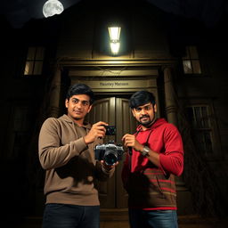 In the eerie glow of moonlight, two brave young men, Sohag and Tuhin, stand at the entrance of an old, spooky mansion, ready to embark on a daring adventure