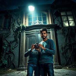 In the eerie glow of moonlight, two brave young men, Sohag and Tuhin, stand at the entrance of an old, spooky mansion, ready to embark on a daring adventure