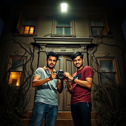 In the eerie glow of moonlight, two brave young men, Sohag and Tuhin, stand at the entrance of an old, spooky mansion, ready to embark on a daring adventure