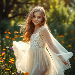 A stunning girl wearing a flowing, transparent dress that delicately billows around her as she stands amidst a sun-kissed meadow