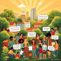 A vibrant and inspiring poster illustrating the role of community actions in the development of society