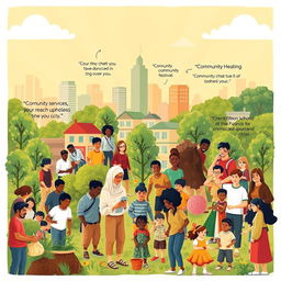 A vibrant and inspiring poster illustrating the role of community actions in the development of society