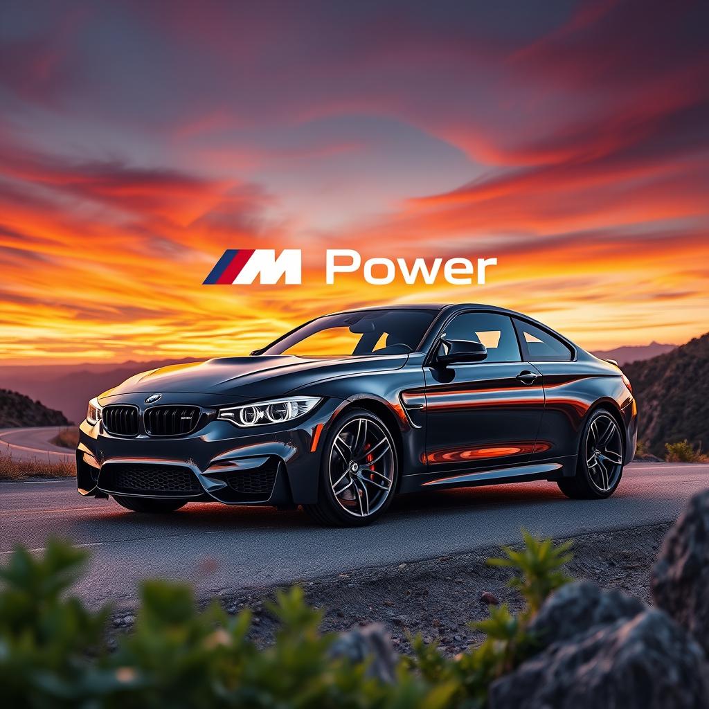 A captivating background centered around BMW and M Power, featuring a sleek BMW M4 coupe in a striking metallic black finish