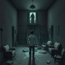 Sohag and his friend Tuhin enter a haunted house, observing a vast empty hall, broken stairs, and old furniture scattered around