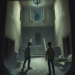 Sohag and his friend Tuhin enter a haunted house, observing a vast empty hall, broken stairs, and old furniture scattered around