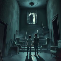 Sohag and his friend Tuhin enter a haunted house, observing a vast empty hall, broken stairs, and old furniture scattered around