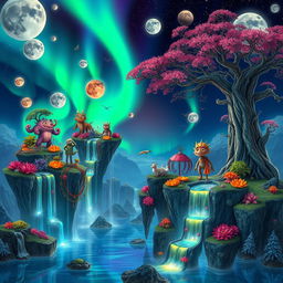 A breathtaking and unique world, featuring floating islands adorned with vibrant, unusual flora and fauna, under a sky filled with multiple glowing moons and colorful auroras