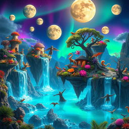 A breathtaking and unique world, featuring floating islands adorned with vibrant, unusual flora and fauna, under a sky filled with multiple glowing moons and colorful auroras