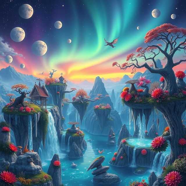 A breathtaking and unique world, featuring floating islands adorned with vibrant, unusual flora and fauna, under a sky filled with multiple glowing moons and colorful auroras