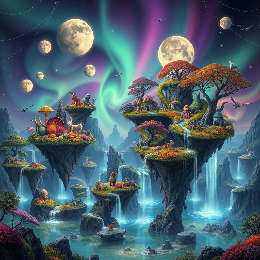 A breathtaking and unique world, featuring floating islands adorned with vibrant, unusual flora and fauna, under a sky filled with multiple glowing moons and colorful auroras