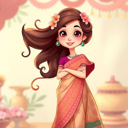 A cartoon girl elegantly wearing a traditional saree with intricate patterns, vibrant colors, and a stylish blouse