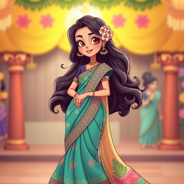 A cartoon girl elegantly wearing a traditional saree with intricate patterns, vibrant colors, and a stylish blouse