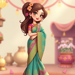 A cartoon girl elegantly wearing a traditional saree with intricate patterns, vibrant colors, and a stylish blouse