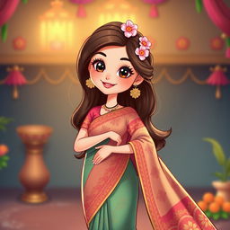 A cartoon girl elegantly wearing a traditional saree with intricate patterns, vibrant colors, and a stylish blouse
