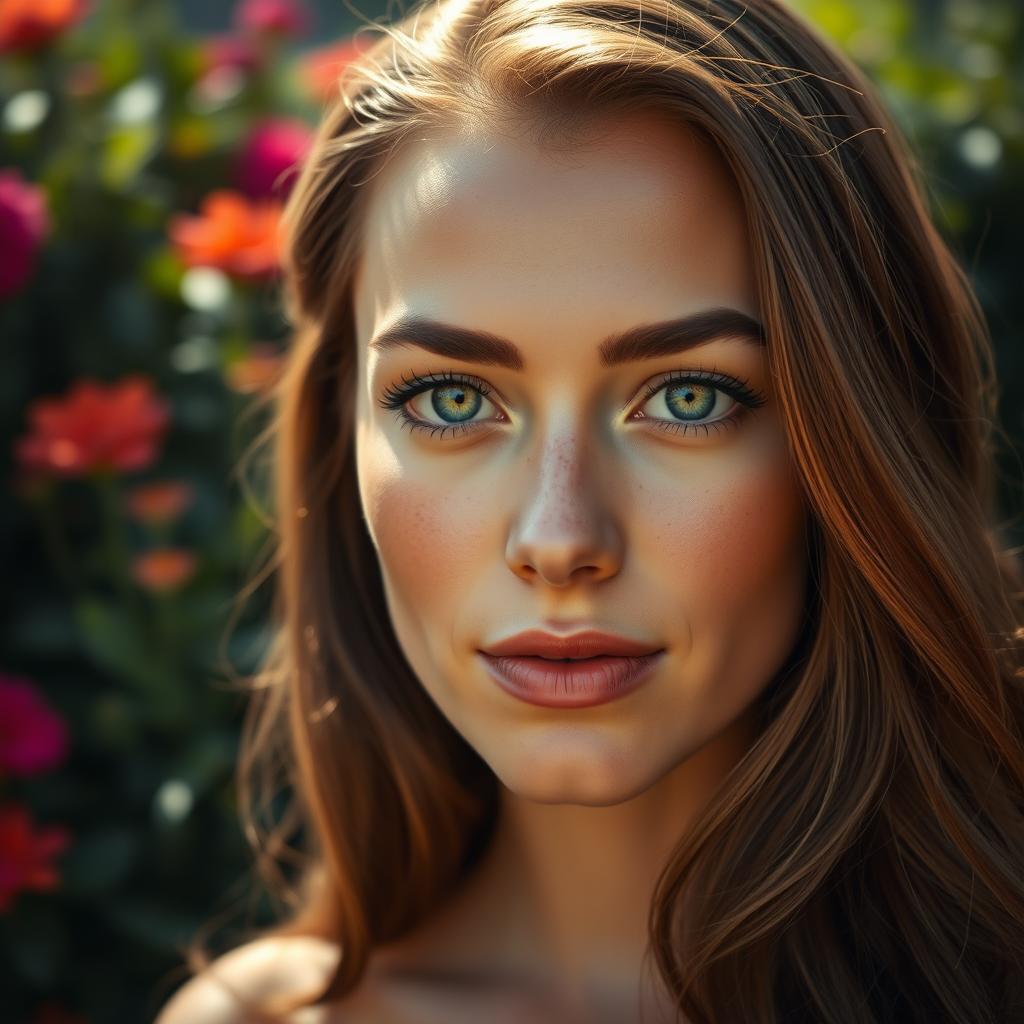 A realistic portrait of a woman with natural makeup, softly illuminated by warm sunlight