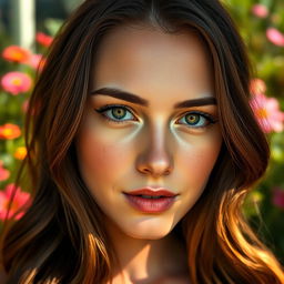 A realistic portrait of a woman with natural makeup, softly illuminated by warm sunlight