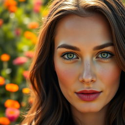 A realistic portrait of a woman with natural makeup, softly illuminated by warm sunlight
