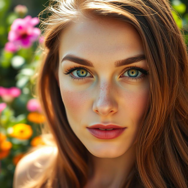 A realistic portrait of a woman with natural makeup, softly illuminated by warm sunlight