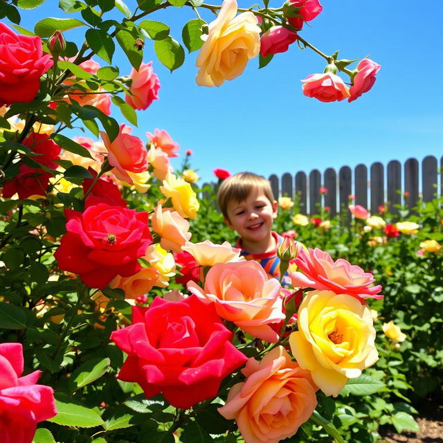 A beautiful rose garden in full bloom, showcasing a variety of colorful rose flowers in different shades of red, pink, yellow, and white