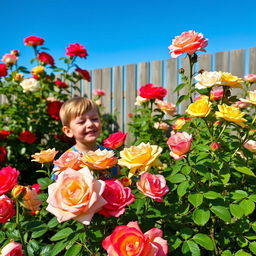 A beautiful rose garden in full bloom, showcasing a variety of colorful rose flowers in different shades of red, pink, yellow, and white