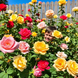 A beautiful rose garden in full bloom, showcasing a variety of colorful rose flowers in different shades of red, pink, yellow, and white