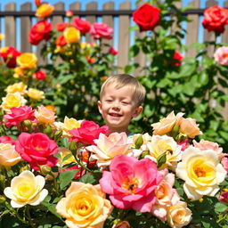 A beautiful rose garden in full bloom, showcasing a variety of colorful rose flowers in different shades of red, pink, yellow, and white