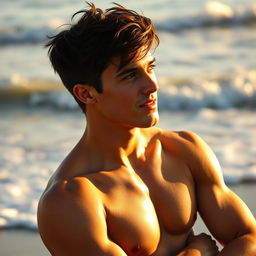 A charismatic male singer, reminiscent of Shawn Mendes, showcasing his toned physique without a shirt