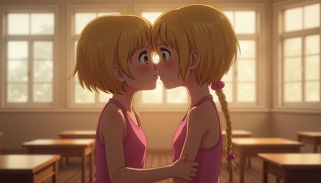 A realistic image of two tween girls facing each other, both with thin builds and short blonde hair, wearing pink halter tops