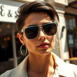 A stylish person wearing sleek sunglasses, showcasing a confident pose