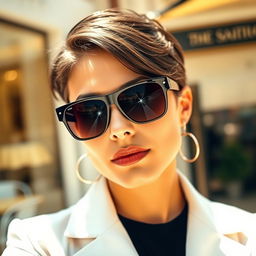 A stylish person wearing sleek sunglasses, showcasing a confident pose