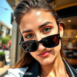 A stylish person wearing sleek sunglasses, showcasing a confident pose