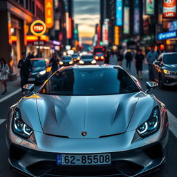 A sleek, modern silver sports car parked on a busy urban street during twilight